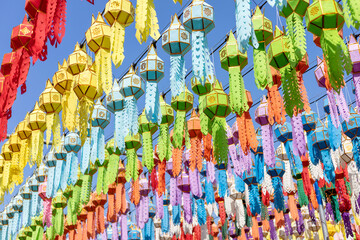 colorful hanging lanterns lighting in loy krathong and new year festival at northern of thailand