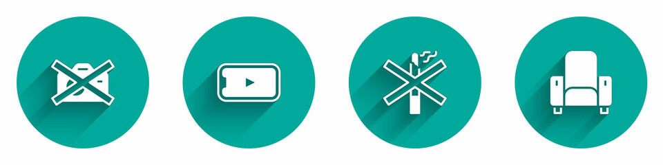 Obraz premium Set Prohibition no video recording, Online play, No smoking and Cinema chair icon with long shadow. Vector