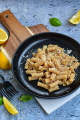   Gluten free Chickpea pasta.Fresh  low carb  high protein pasta rigatoni with  cream sauce  ,  tuna , parmesan cheese ,olive oil and black pepper)  Ketogenic diet pasta 