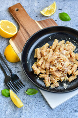   Gluten free Chickpea pasta.Fresh  low carb  high protein pasta rigatoni with  cream sauce  ,  tuna , parmesan cheese ,olive oil and black pepper)  Ketogenic diet pasta 