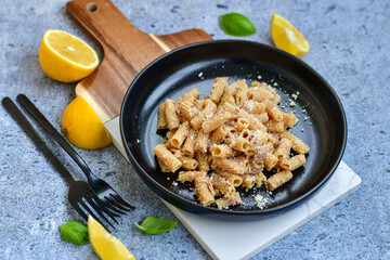   Gluten free Chickpea pasta.Fresh  low carb  high protein pasta rigatoni with  cream sauce  ,  tuna , parmesan cheese ,olive oil and black pepper)  Ketogenic diet pasta 