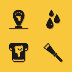 Set Honeycomb bee location, Beekeeping knife, Bread with honey and Drops of icon with long shadow. Vector