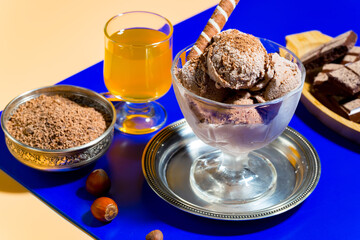 Ice cream on the table on a bright, colored background