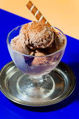 Ice cream on the table on a bright, colored background 