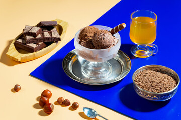 Ice cream on the table on a bright, colored background