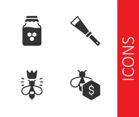 Obraz premium Set Sale of bees, Jar honey, Queen and Beekeeping knife icon. Vector