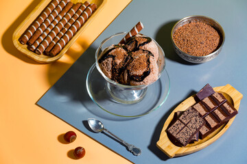 Ice cream on the table on a bright, colored background 