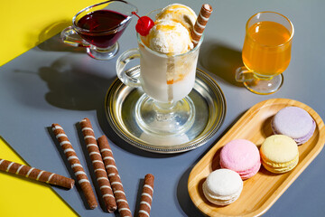 Ice cream on the table on a bright, colored background 