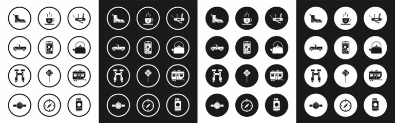 Set Swiss army knife, City map navigation, Pickup truck, Hiking boot, Kettle with handle, Coffee cup, Rv Camping trailer and Binoculars icon. Vector