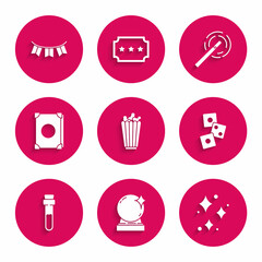 Set Popcorn in box, Magic ball, Sparkle stars with magical glitter, Game dice, Bottle love potion, Ancient book, wand and Carnival garland flags icon. Vector