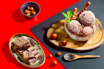 Ice cream on the table on a bright, colored background