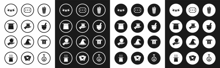 Set Popcorn in box, Magician hat hand, Carnival garland with flags, mortar pestle, Ticket, scroll and ball on icon. Vector