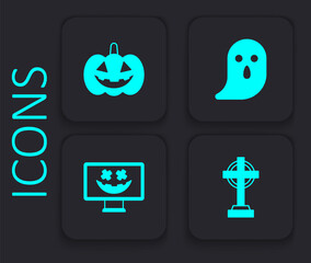 Set Tombstone with cross, Pumpkin, Ghost and Happy Halloween holiday icon. Black square button. Vector