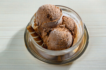 Ice cream on the table on a bright, colored background 