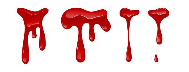 Dripping blood set on transparent background. Flowing red liquid, red viscous slime. Vector cartoon illustration.
