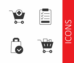 Set Shopping cart and food, Add to, Paper shopping bag and Clipboard with checklist icon. Vector