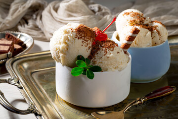 Ice cream on the table on a light background
