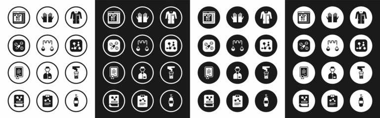 Set Laboratory uniform, Test tube and flask, Medicine pill tablet, Chemical online, formula, Medical rubber gloves, and Certificate template icon. Vector