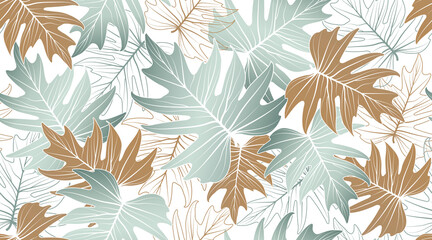 Seamless tropical leaves pattern on white background. Hand drawn botanical texture creative design. Vintage pastel colors leaf line drawing graphic elements. Suit for wallpaper, textiles, curtain