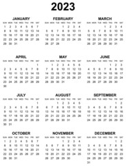 Simple editable vector calendar for year 2023 sundays first, easy to edit and use.