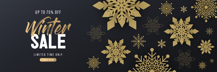 Winter sale horizontal banner template on black background with golden snowflake decoration. Luxury and elegant style vector. Suit for poster, cover, banner, website, promo, header, shopping