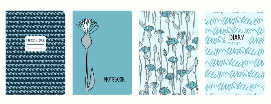 Cover page templates based on patterns with cornflowers, plaid, abstract spots. Backgrounds for notebooks, notepads, diaries. Headers isolated, replaceable