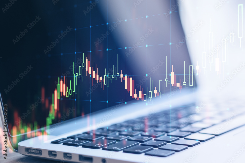 Poster close up of laptop computer with forex chart grid big data hologram on blurry background. finance an