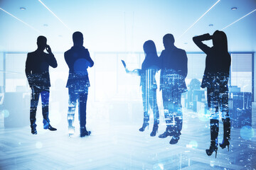 Silhouettes of abstract businesspeople standing on illuminated white office city background. Teamwork and success concept. Double exposure.