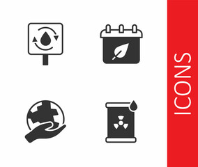 Set Radioactive waste in barrel, Recycle clean aqua, Hand holding Earth globe and Calendar with autumn leaves icon. Vector