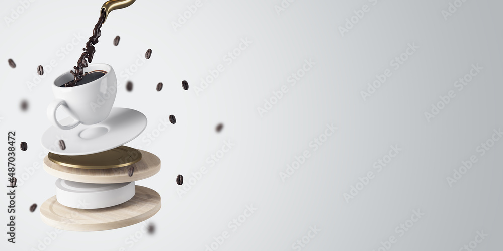 Aufkleber Abstract white background with coffee pouring into cup stack. Mock up place. Morning and addiction concept. 3D Rendering.