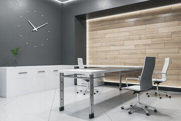 Modern wooden and concrete office interior with wall clock and furniture. Design and architecture concept. 3D Rendering.