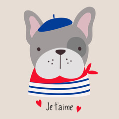 Dog love paris. French style dog. Vector illustration cartoon dog dressed in French style in beret. Good for posters, t shirts, postcards.