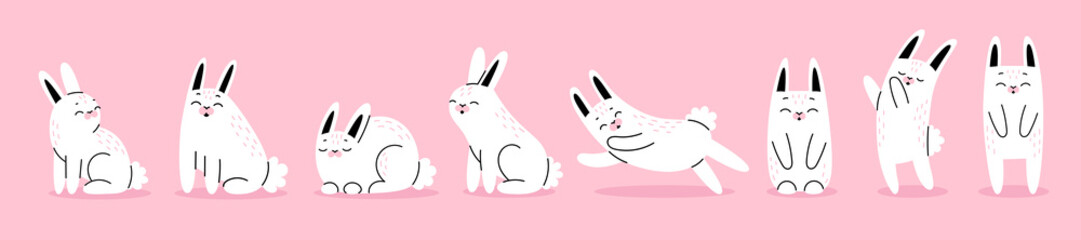 Set of cute Easter white bunnies. Farm animals, forest animals. Funny holiday characters. Hand drawn vector cute illustration