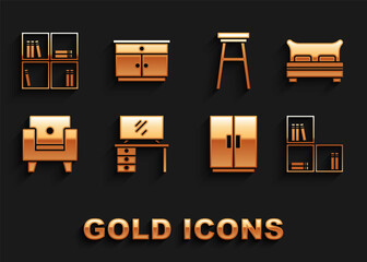 Set TV table stand, Big bed, Shelf with books, Wardrobe, Armchair, Chair, and Furniture nightstand icon. Vector