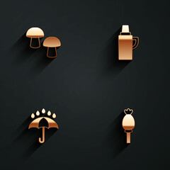 Set Mushroom, Thermos container, Umbrella and rain drops and Opium poppy icon with long shadow. Vector