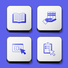 Set Open book, Book donation, Online education and quiz, test, survey icon. White square button. Vector