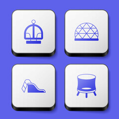 Set Attraction carousel, Playground climbing equipment, Slide playground and Jumping trampoline icon. White square button. Vector