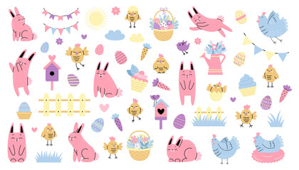 Big Easter set with festive elements. Easter decorated eggs, rabbit, bunny, hens, flowers, birdhouse, flower basket.Hand drawn vector cute illustration