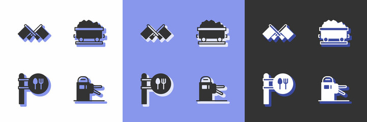 Set Turnstile, Flag, Cafe and restaurant location and Coal train wagon icon. Vector