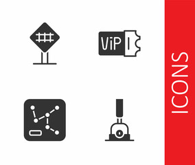 Set Arrow for switching the railway, Railroad crossing, Railway map and Train ticket icon. Vector