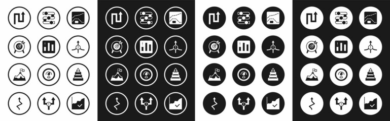 Set Graph, chart, diagram, Pie infographic, Target, Arrow, Pyramid infographics and Mountains with flag icon. Vector