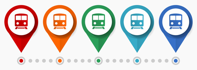 Subway, train, public transport concept vector icon set, flat design metro pointers, infographic template easy to edit