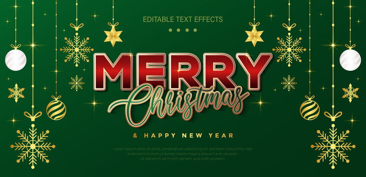 Merry christmas text. Luxury and elegant green gradient horizontal banner template design with snowflake decoration, stars, gold balls hanging on ribbon. Christmas style editable text effect