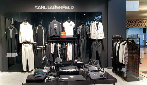 Latvia, Riga, February, 2022 - Interior of Karl Lagerfeld retail room with big sales in modern commercial SKY and MORE shopping mall in Riga, Latvia. Karl Lagerfeld was a French German luxury fashion 