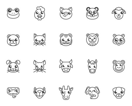Animal face line icons set