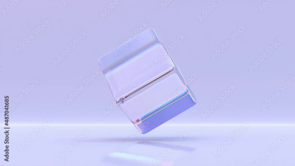 Poster iridescent crystal cube or block with refraction effect of rays in glass. rainbow clear square box o