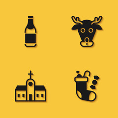 Set Champagne bottle, Christmas stocking, Church building and Reindeer icon with long shadow. Vector