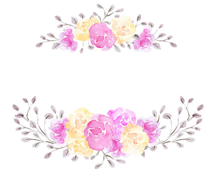 Watercolor set ornament of pink and yellow roses flowers isolated on white background. Floral frame.