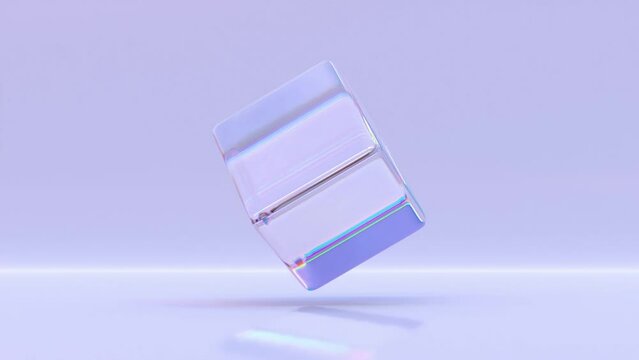 Iridescent crystal cube or block with refraction effect of rays in glass. Rainbow clear square box of acrylic or plexiglass in motion with dispersion light on purple background, 3d render animation