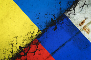 Cracked flags of Russia and Ukraine. International political relations. Conflict. Political Economic background. - obrazy, fototapety, plakaty